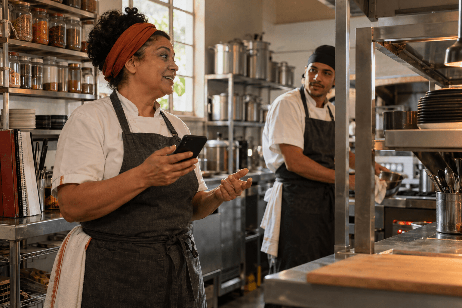 Cena ilustrativa: chef com celular compartilha uma orientação com outro cozinheiro em uma cozinha com panelas e estoque.