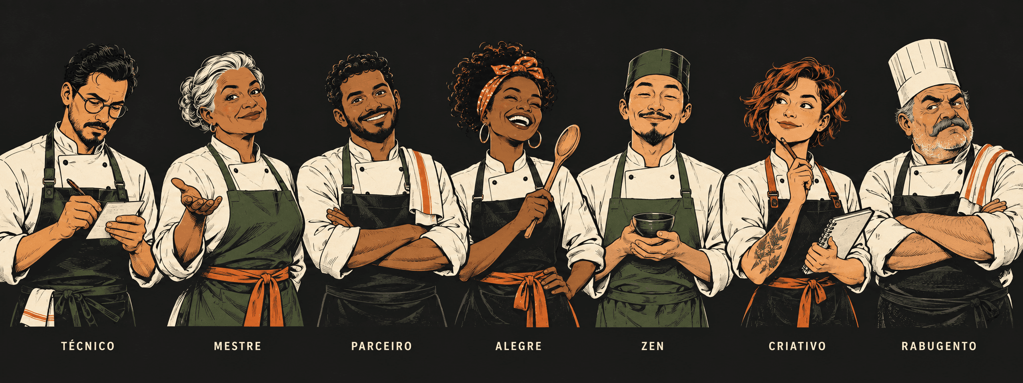 Sete chefs ilustrados: Técnico com ficha; Mestre explicando; Parceiro sorridente; Alegre com colher; Zen sereno; Criativo com caderno; Rabugento de braços cruzados.